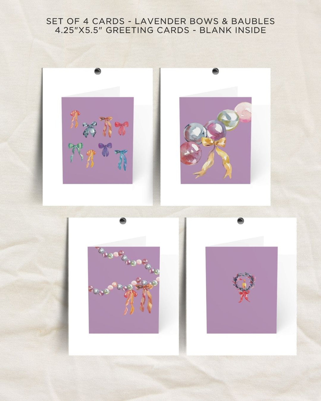 Greeting Card Set of 4 - Lavender Bows & Baubles Collection