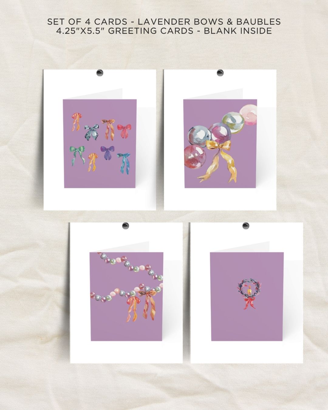 Greeting Card Set of 4 - Lavender Bows & Baubles Collection