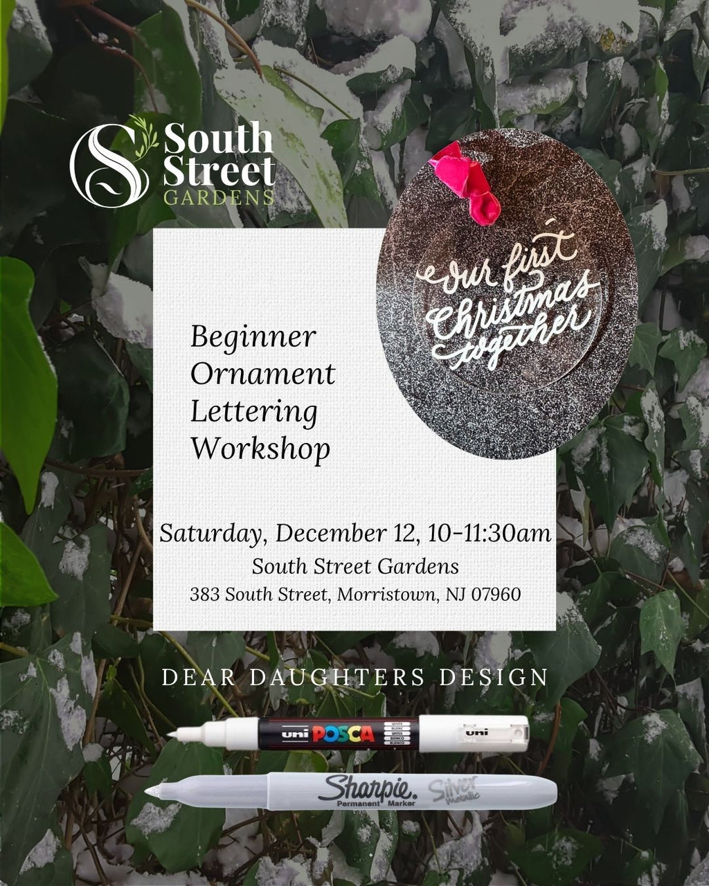 South Street Gardens - Saturday, December 12, 2025, 10-11:30am, Morristown, NJ - Learn Ornament Calligraphy & Lettering Workshop