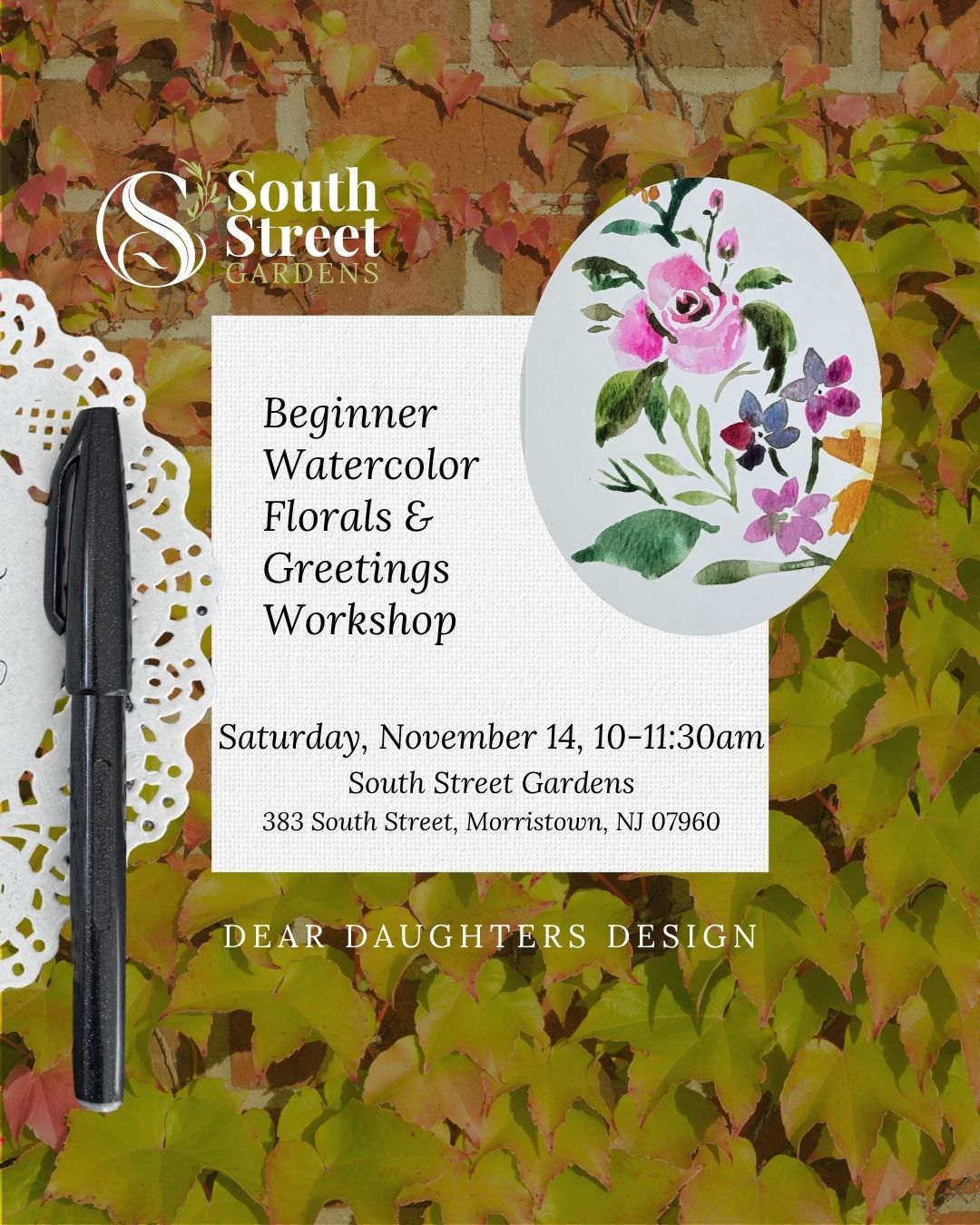 South Street Gardens - Saturday, November 14, 2026, 10-11:30am, Morristown, NJ - Intro to Watercolor Florals & Greetings Workshop