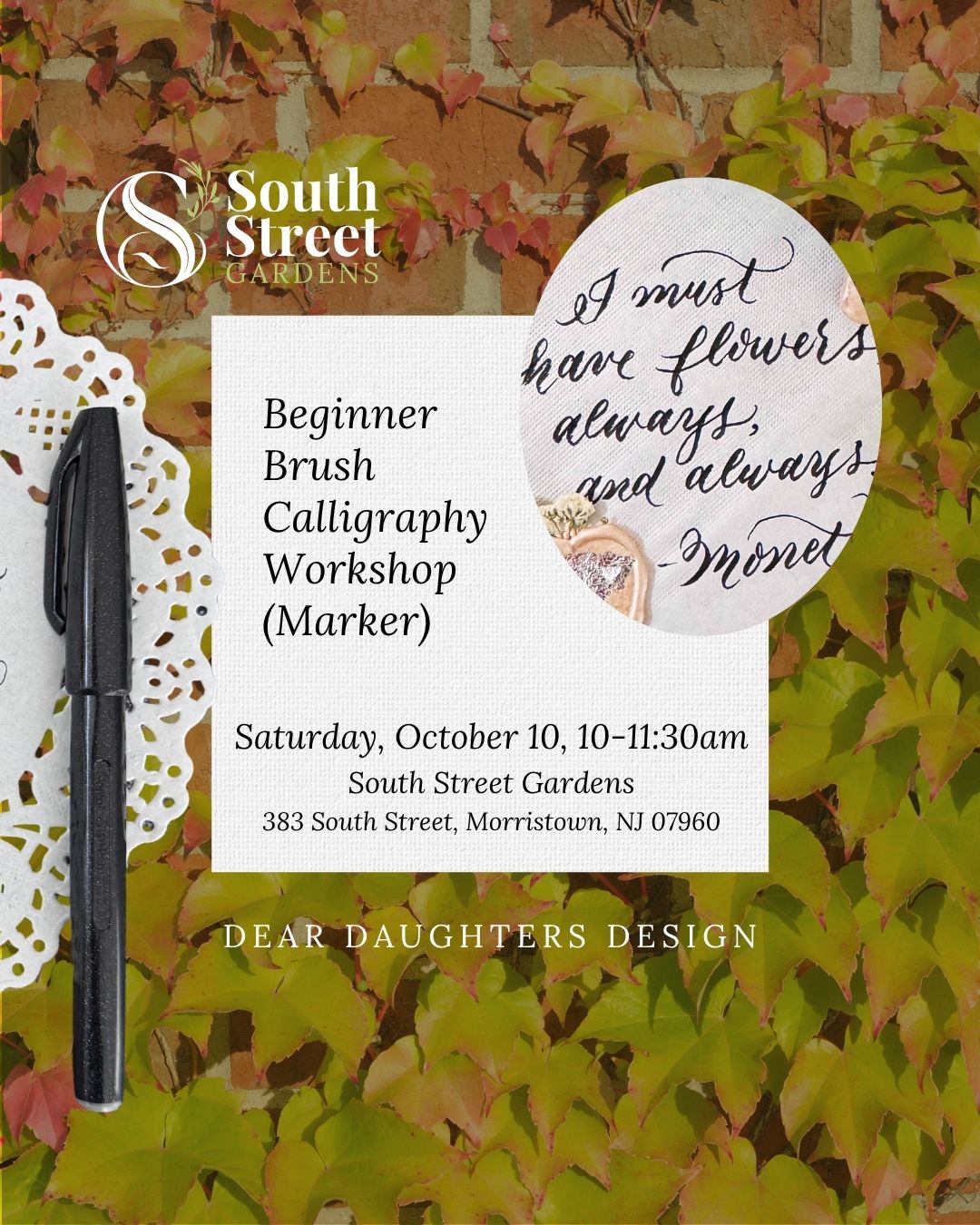 South Street Gardens - Saturday, October 10, 2026, 10-11:30am, Morristown, NJ - Learn Brush Lettering Calligraphy Workshop