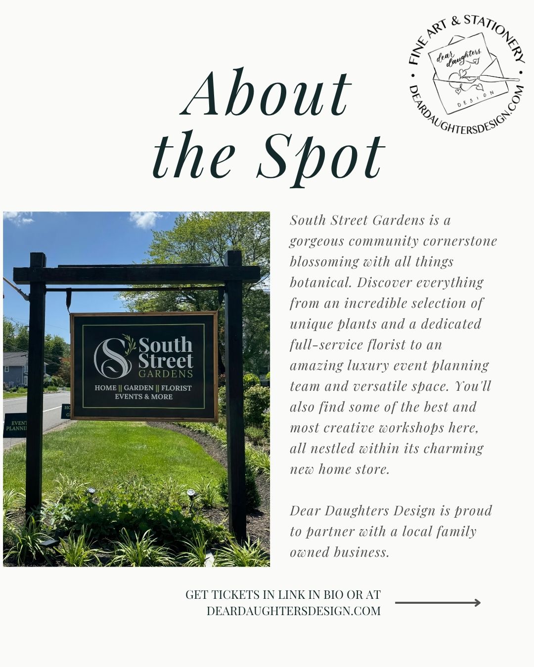 South Street Gardens sign with promotional text about the location and a logo in the corner.