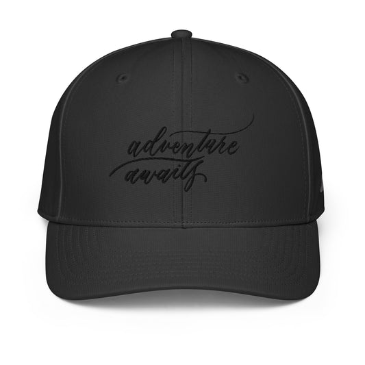 Script "Adventure Awaits" Black Calligraphy Embroidery Adidas Performance Cap