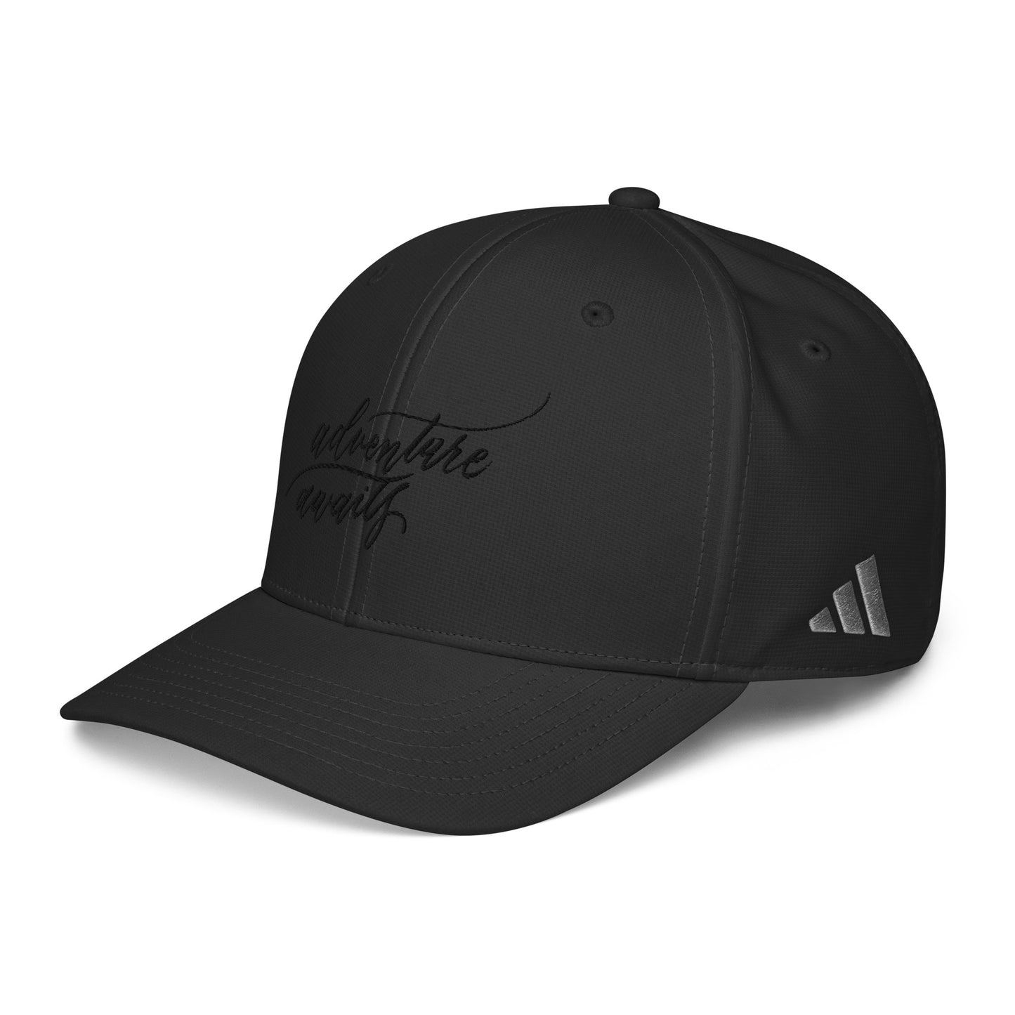 Script "Adventure Awaits" Black Calligraphy Embroidery Adidas Performance Cap