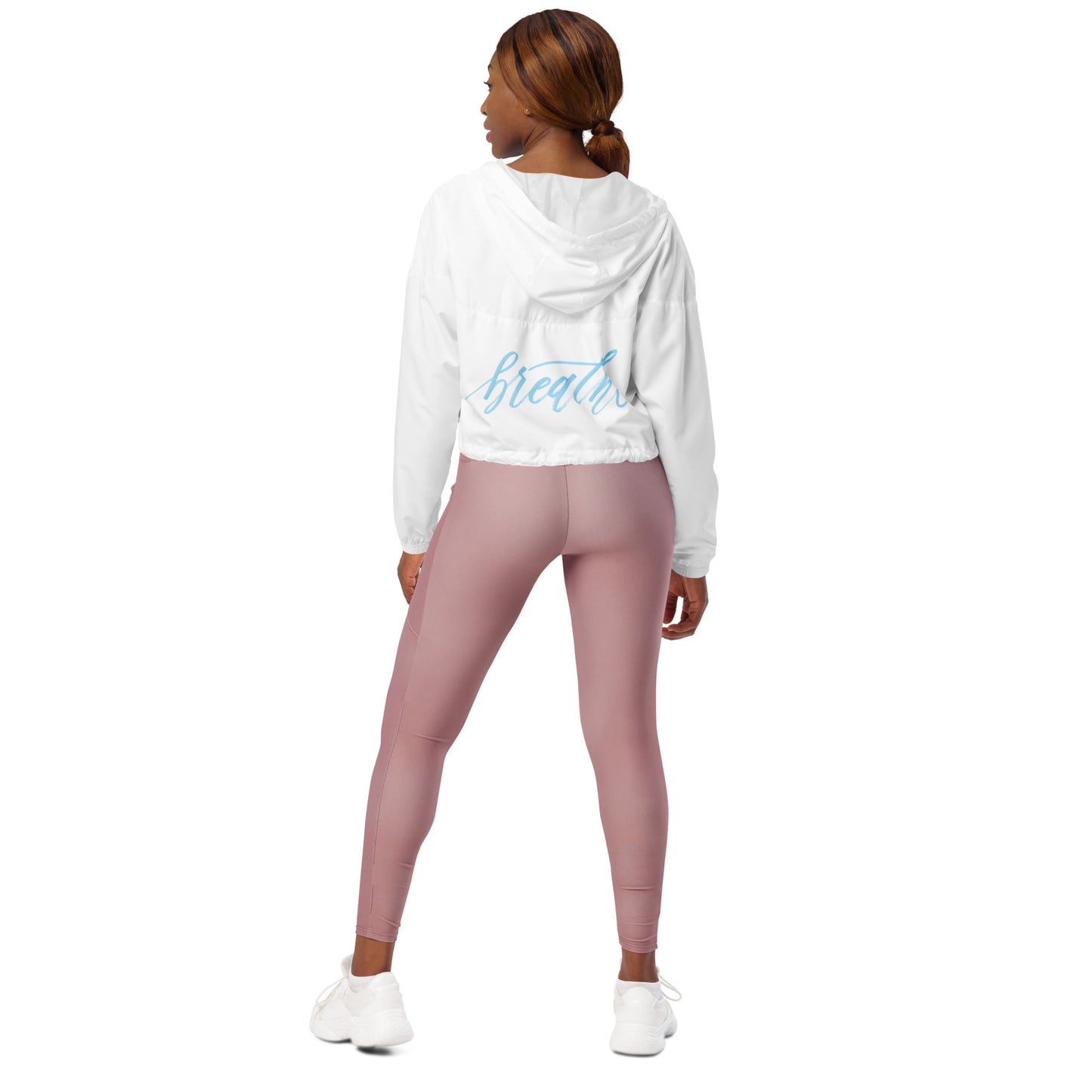 Script "Breathe" Sky Blue Calligraphy Printed Women's cropped windbreaker