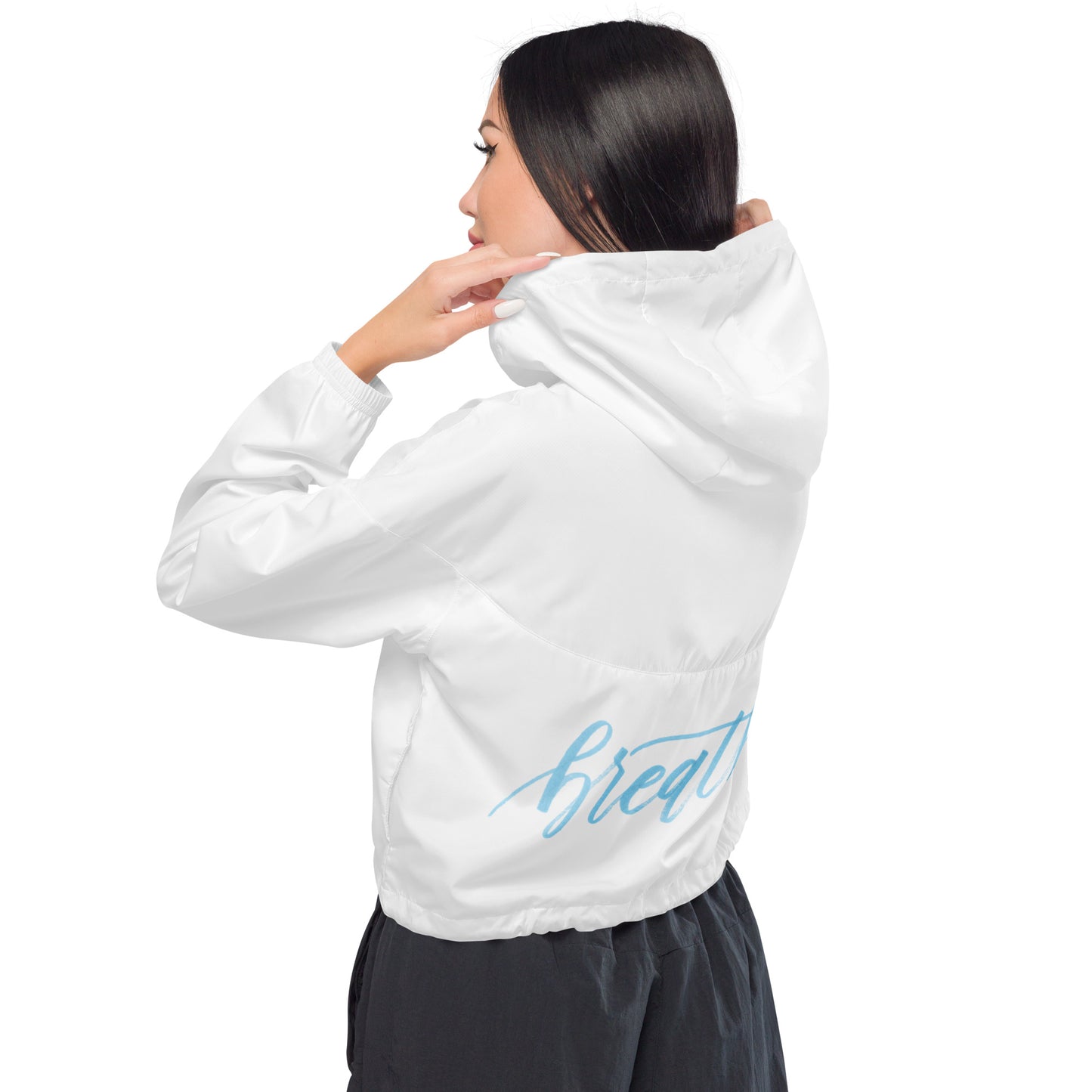 Script "Breathe" Sky Blue Calligraphy Printed Women's cropped windbreaker