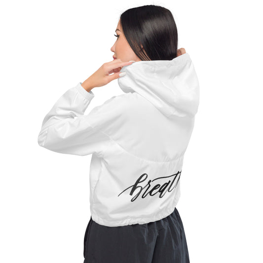 Script "Breathe" Black Calligraphy Printed Women's Cropped Windbreaker