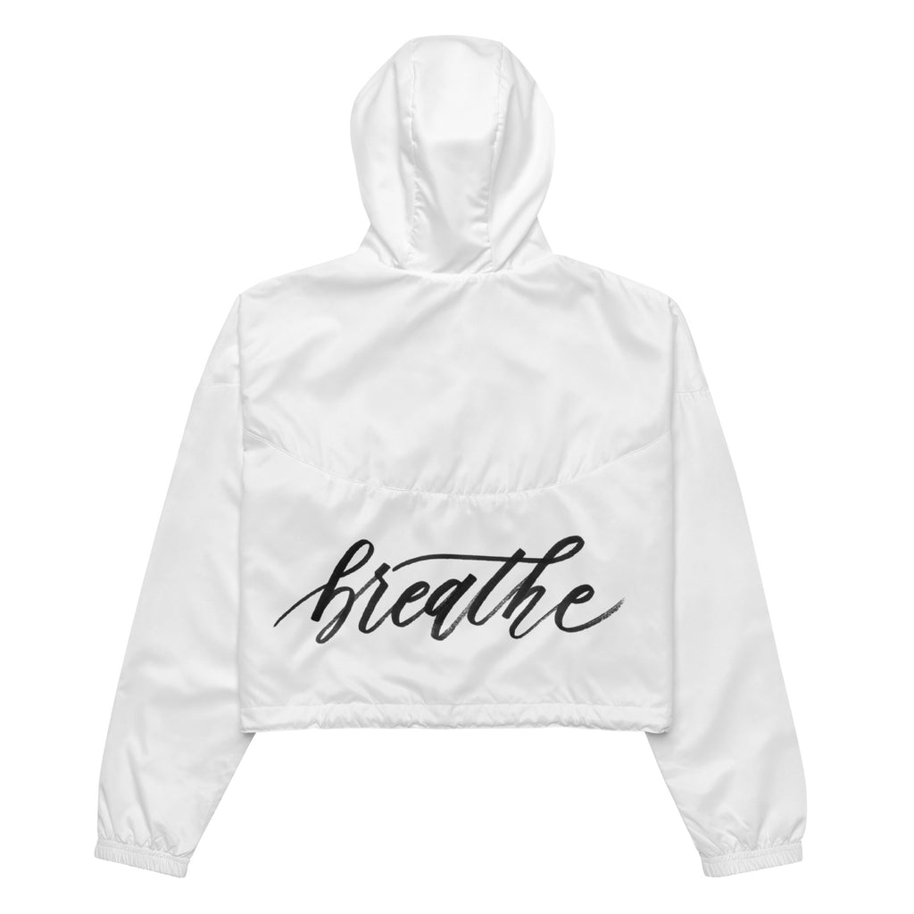 Script "Breathe" Black Calligraphy Printed Women's Cropped Windbreaker