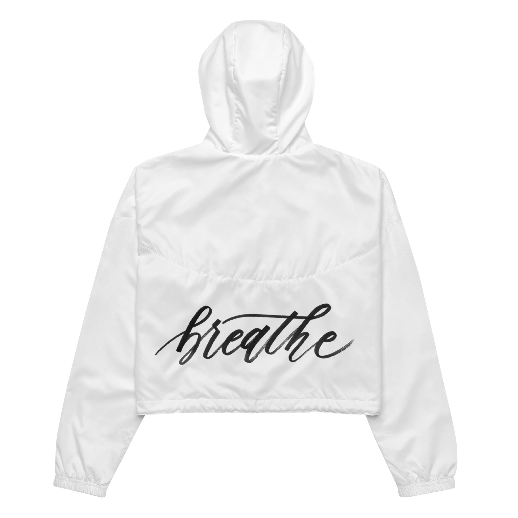 Script "Breathe" Black Calligraphy Printed Women's Cropped Windbreaker