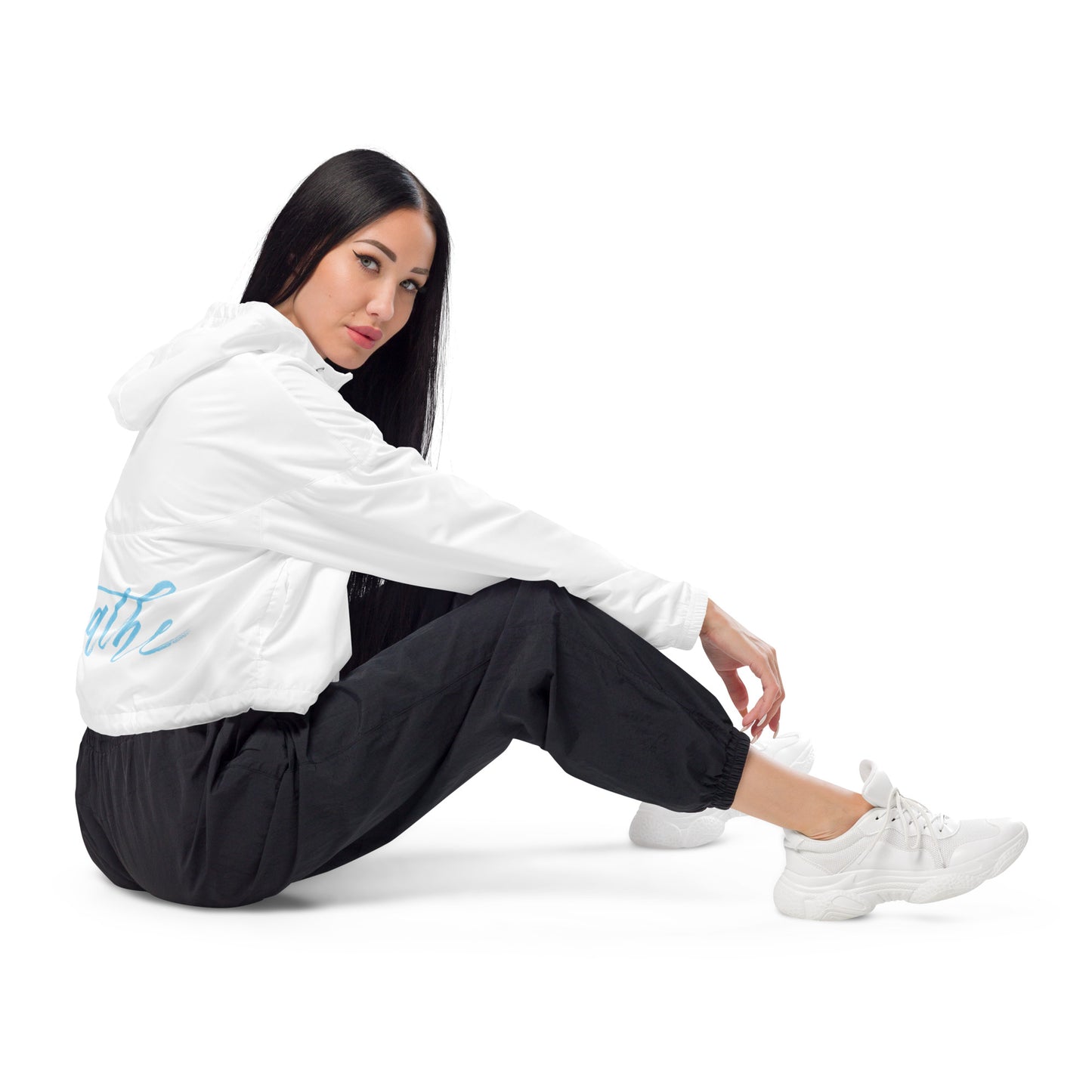 Script "Breathe" Sky Blue Calligraphy Printed Women's cropped windbreaker