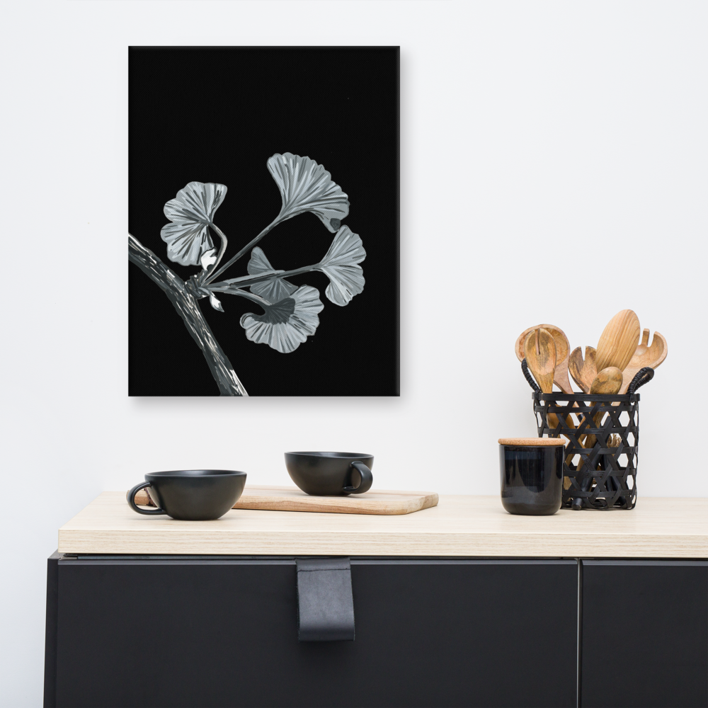 Silver Gingko Gouache Study 1 Printed on 16x20 Canvas - Minimalist Botanical Art - Black & White Botanical Art