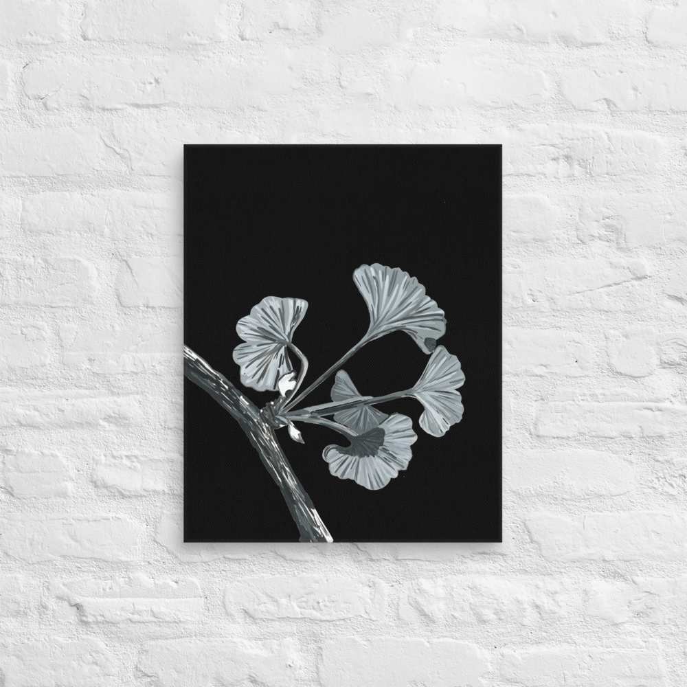 Silver Gingko Gouache Study 1 Printed on 16x20 Canvas - Minimalist Botanical Art - Black & White Botanical Art