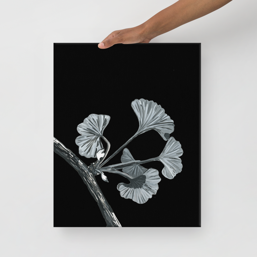 Silver Gingko Gouache Study 1 Printed on 16x20 Canvas - Minimalist Botanical Art - Black & White Botanical Art