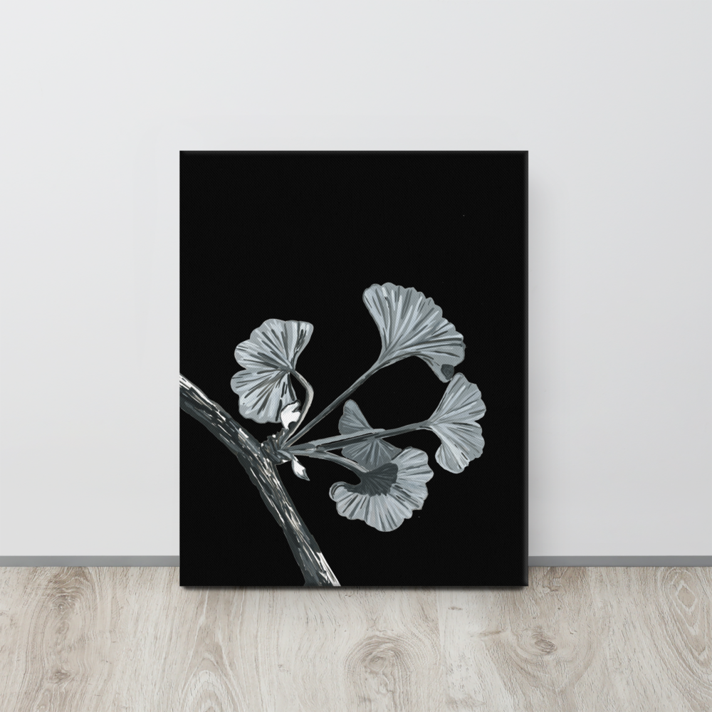 Silver Gingko Gouache Study 1 Printed on 16x20 Canvas - Minimalist Botanical Art - Black & White Botanical Art