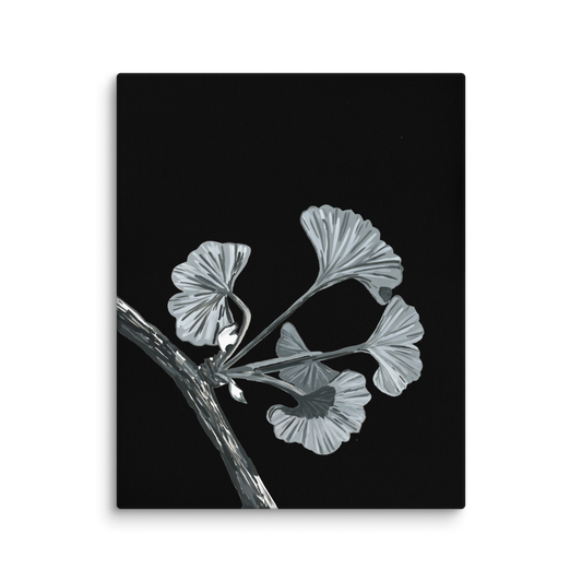 Silver Gingko Gouache Study 1 Printed on 16x20 Canvas - Minimalist Botanical Art - Black & White Botanical Art