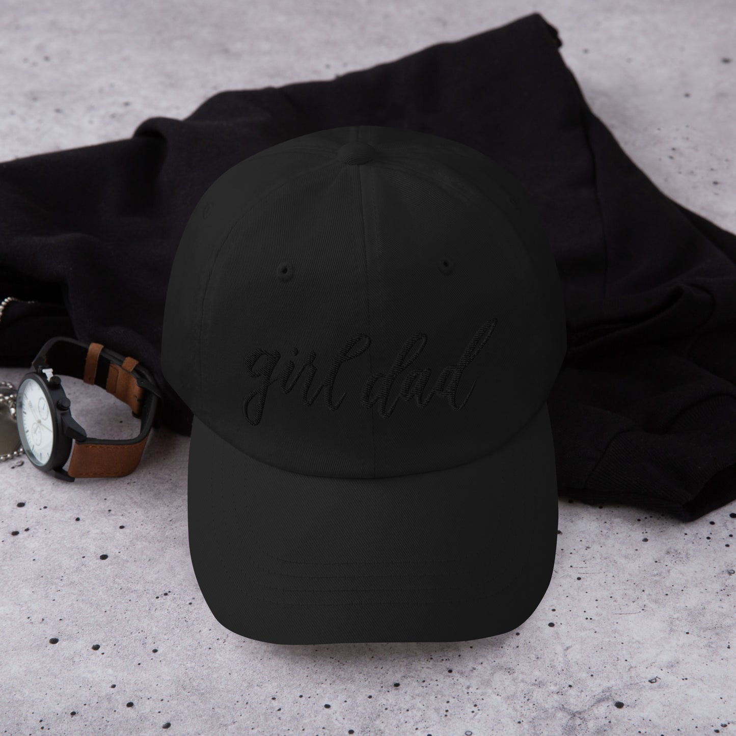 Embroidered Black Script "Girl Dad" Calligraphy Black Embroidery on Black 100% Cotton Chino Twill Dad Cap