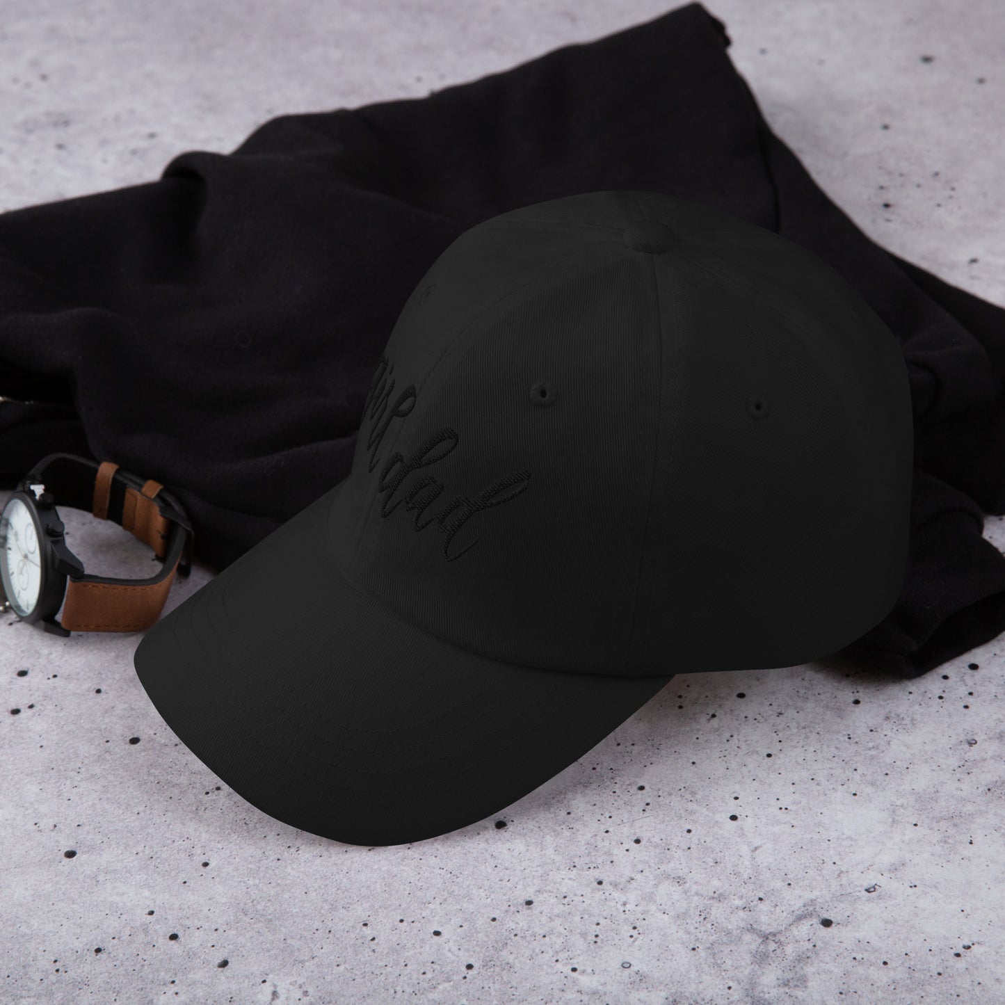 Embroidered Black Script "Girl Dad" Calligraphy Black Embroidery on Black 100% Cotton Chino Twill Dad Cap