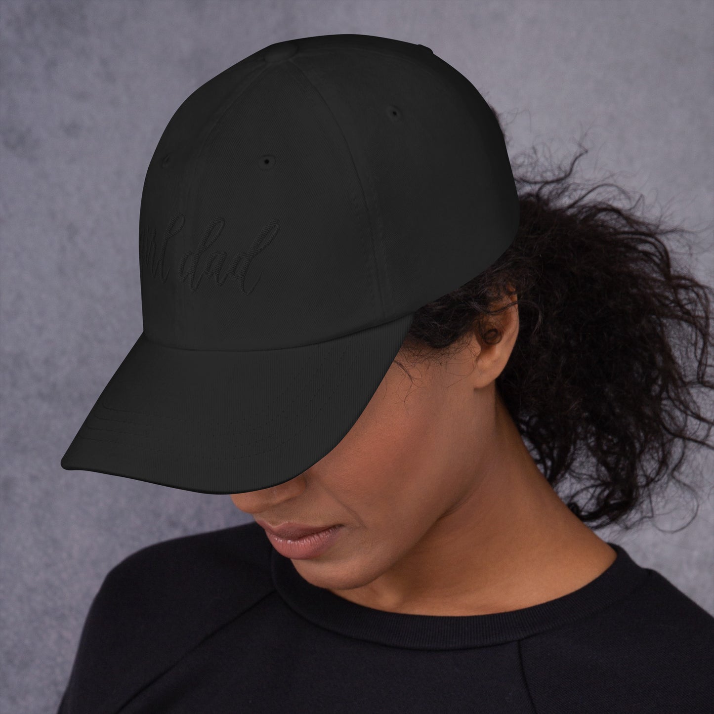 Embroidered Black Script "Girl Dad" Calligraphy Black Embroidery on Black 100% Cotton Chino Twill Dad Cap