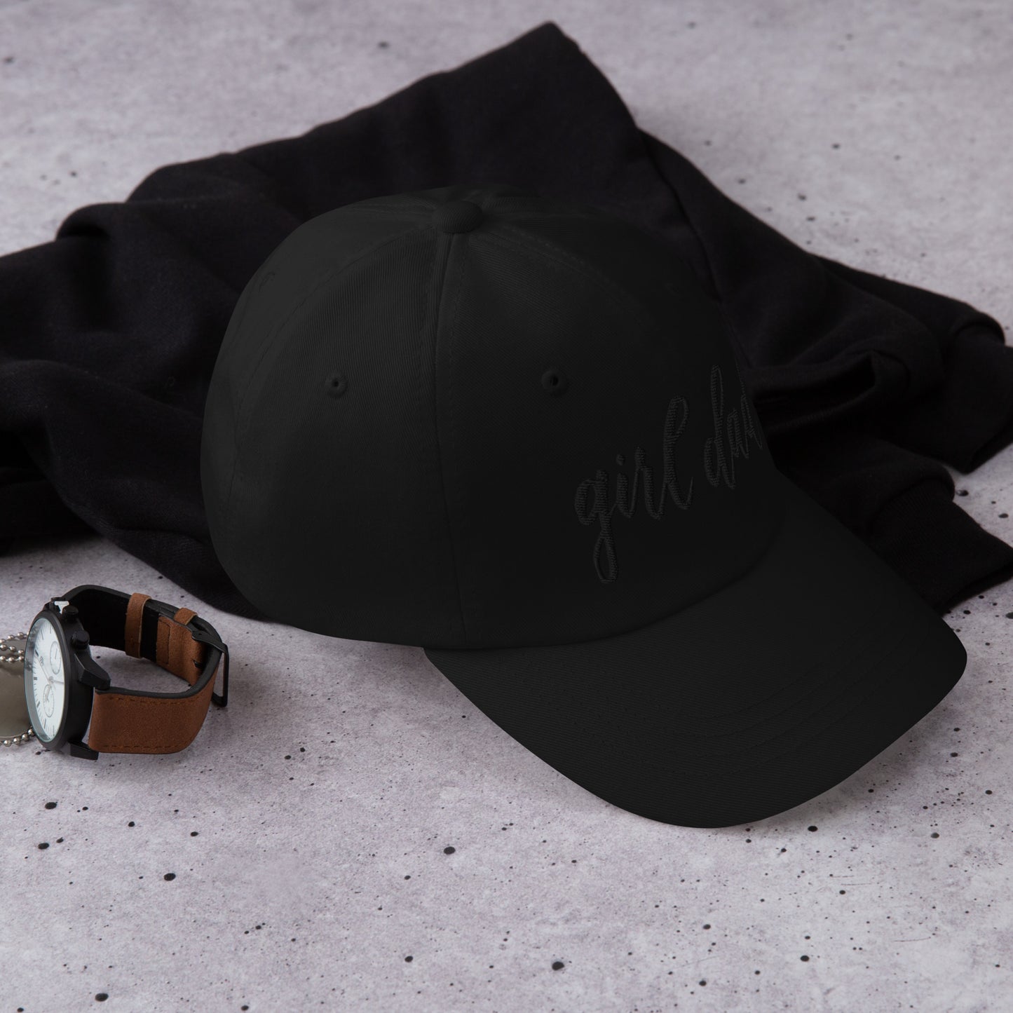 Embroidered Black Script "Girl Dad" Calligraphy Black Embroidery on Black 100% Cotton Chino Twill Dad Cap