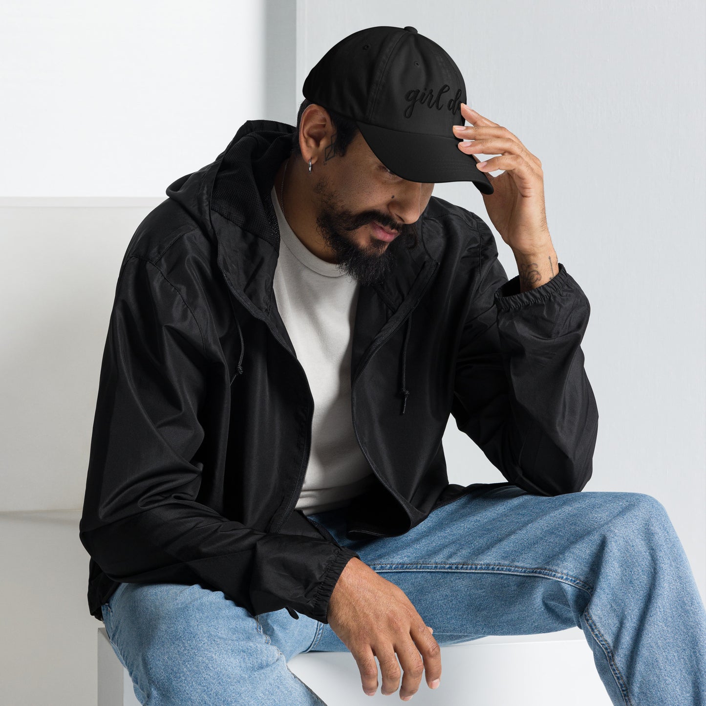 Embroidered Black Script "Girl Dad" Calligraphy Black Embroidery on Black 100% Cotton Chino Twill Dad Cap