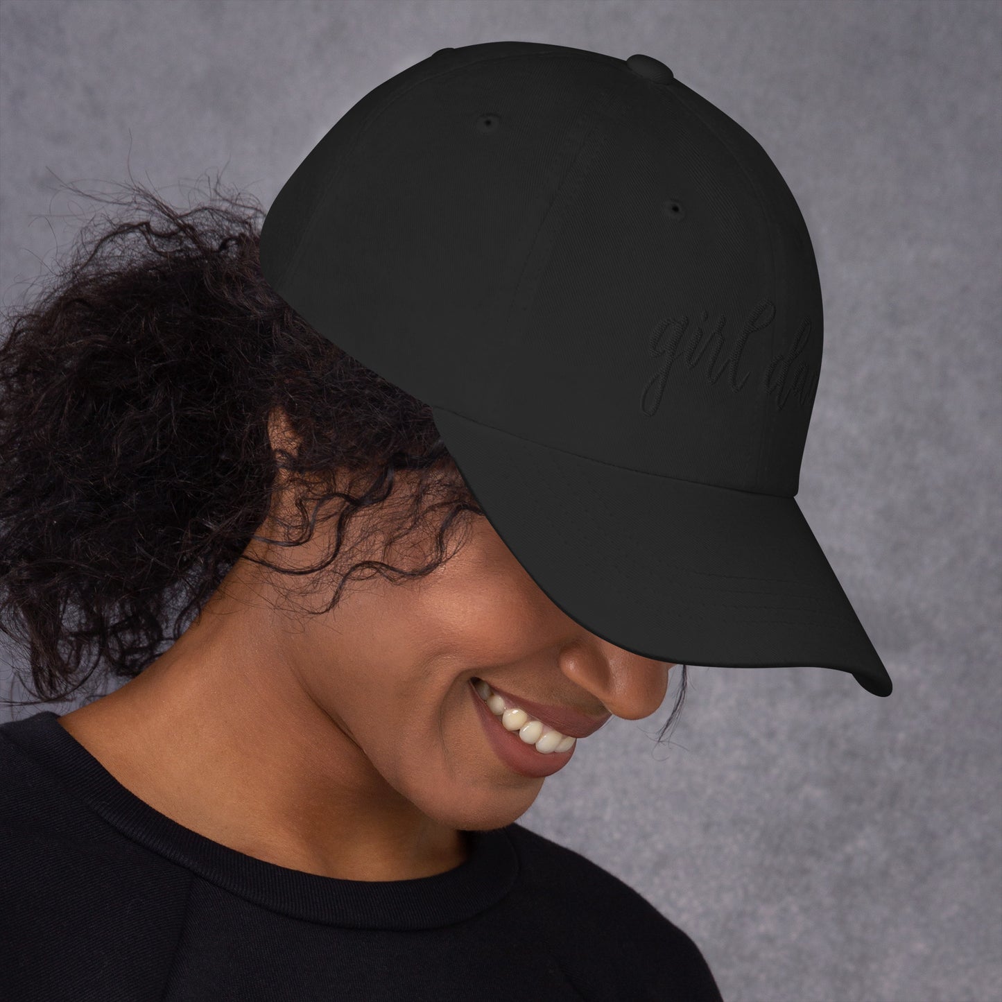 Embroidered Black Script "Girl Dad" Calligraphy Black Embroidery on Black 100% Cotton Chino Twill Dad Cap