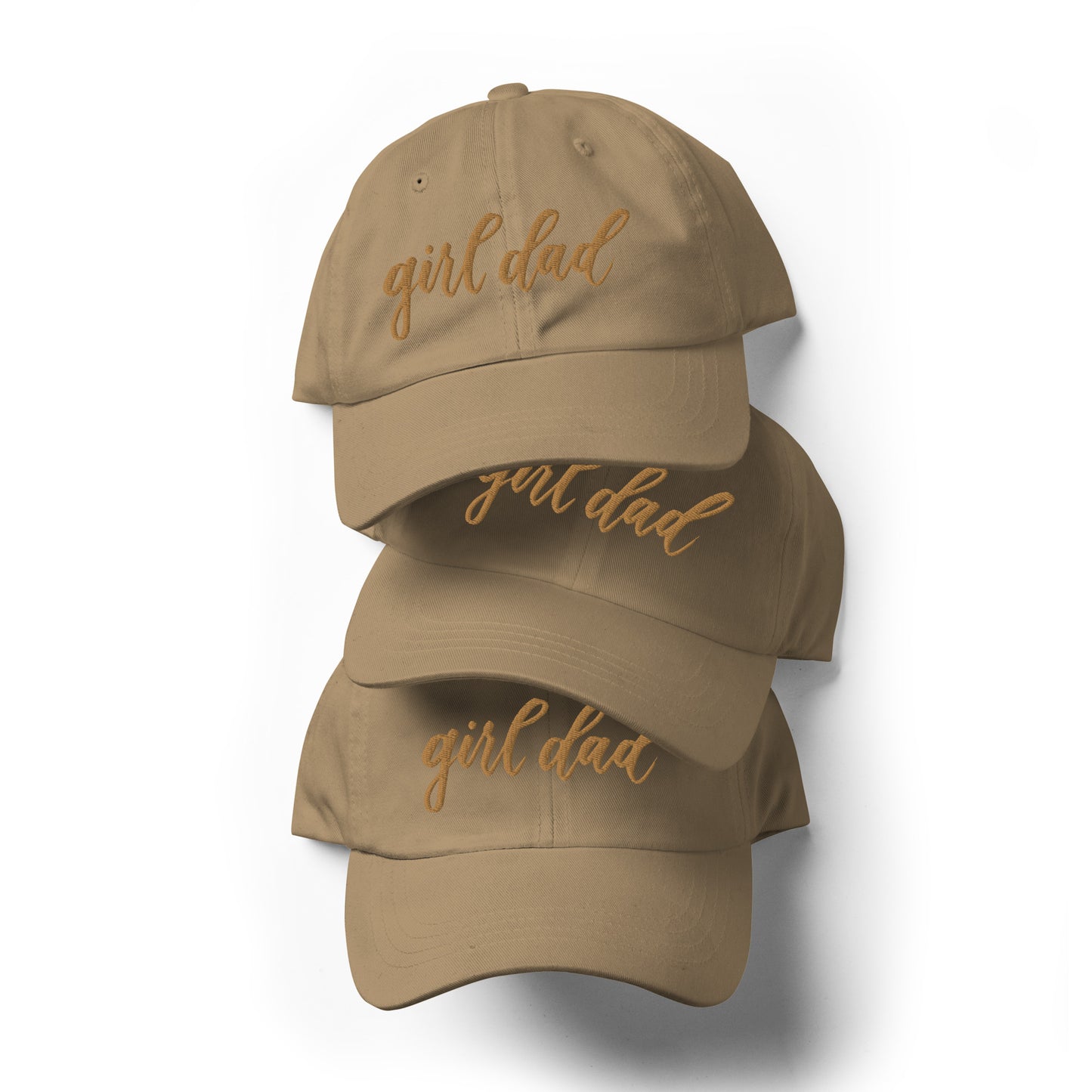 Embroidered Gold Script "Girl Dad" Calligraphy Gold Embroidery on Khaki 100% Cotton Chino Twill Dad Cap