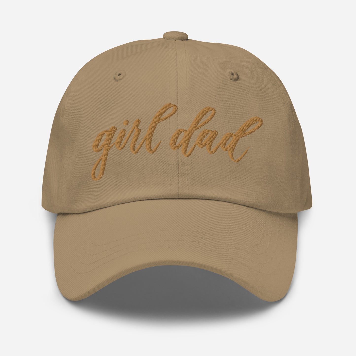 Embroidered Gold Script "Girl Dad" Calligraphy Gold Embroidery on Khaki 100% Cotton Chino Twill Dad Cap