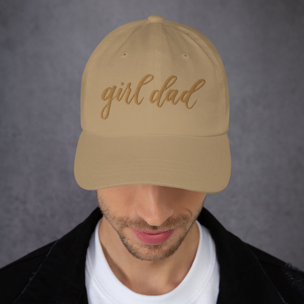 Embroidered Gold Script "Girl Dad" Calligraphy Gold Embroidery on Khaki 100% Cotton Chino Twill Dad Cap