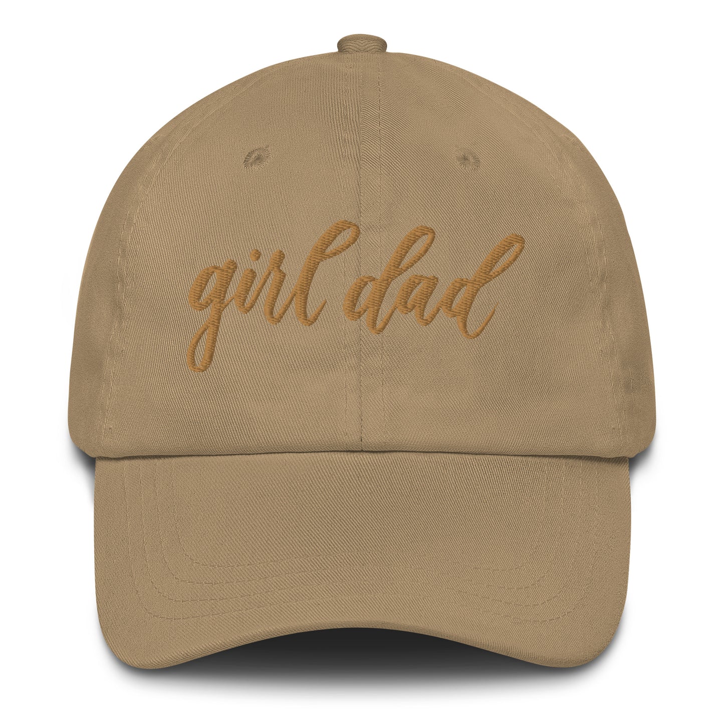 Embroidered Gold Script "Girl Dad" Calligraphy Gold Embroidery on Khaki 100% Cotton Chino Twill Dad Cap