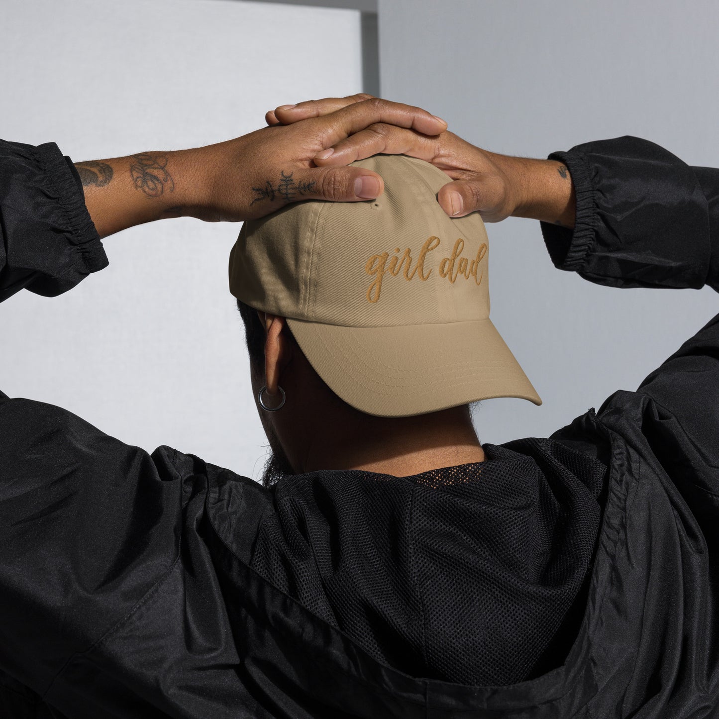 Embroidered Gold Script "Girl Dad" Calligraphy Gold Embroidery on Khaki 100% Cotton Chino Twill Dad Cap