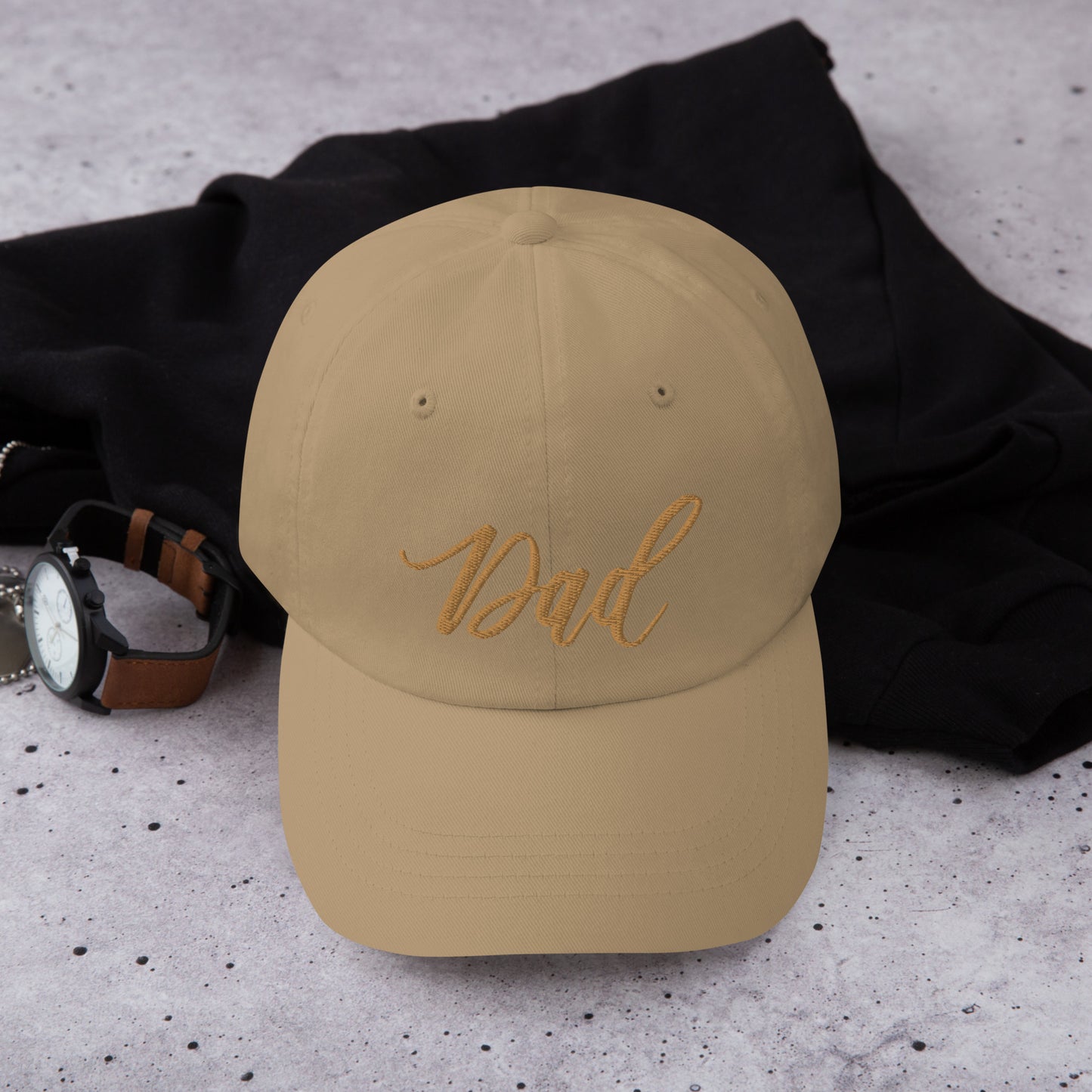 Embroidered Gold Script "Dad" Calligraphy Gold Embroidery on Khaki 100% Cotton Chino Twill Dad Cap