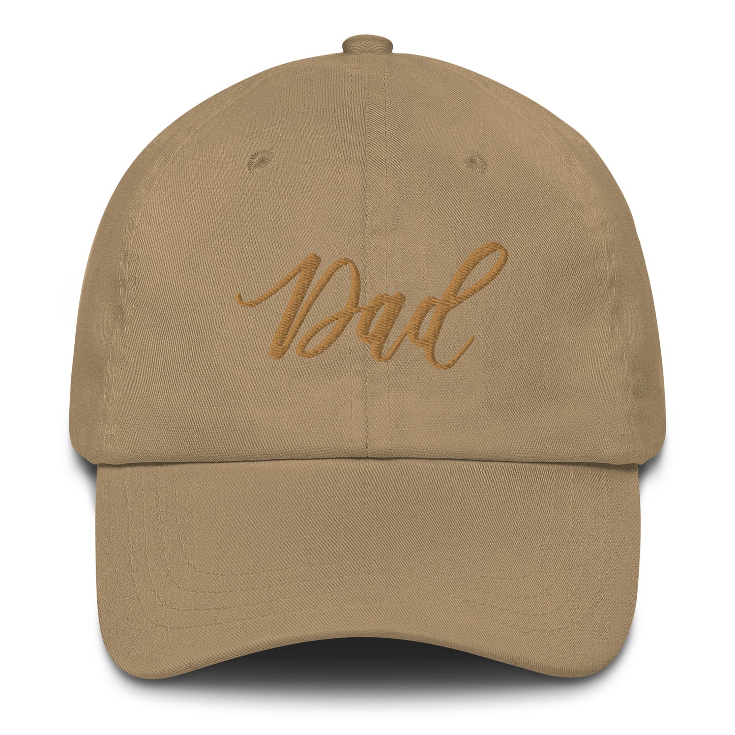 Embroidered Gold Script "Dad" Calligraphy Gold Embroidery on Khaki 100% Cotton Chino Twill Dad Cap