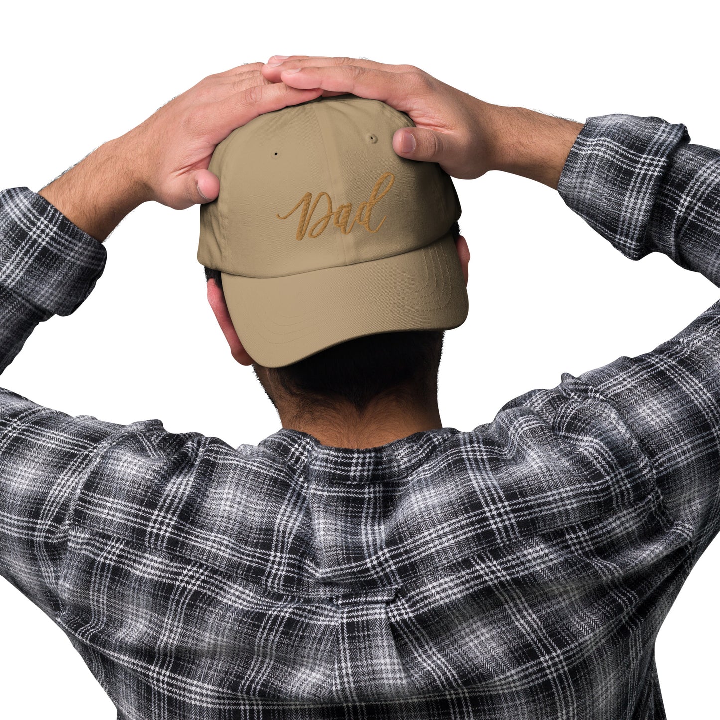 Embroidered Gold Script "Dad" Calligraphy Gold Embroidery on Khaki 100% Cotton Chino Twill Dad Cap