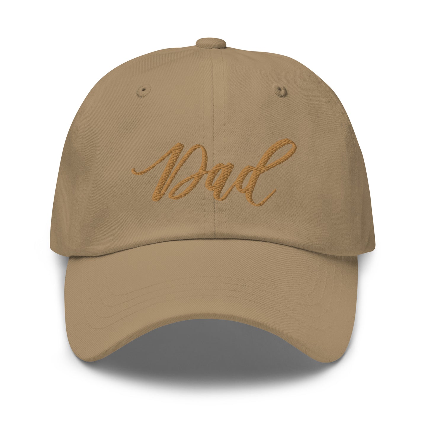 Embroidered Gold Script "Dad" Calligraphy Gold Embroidery on Khaki 100% Cotton Chino Twill Dad Cap