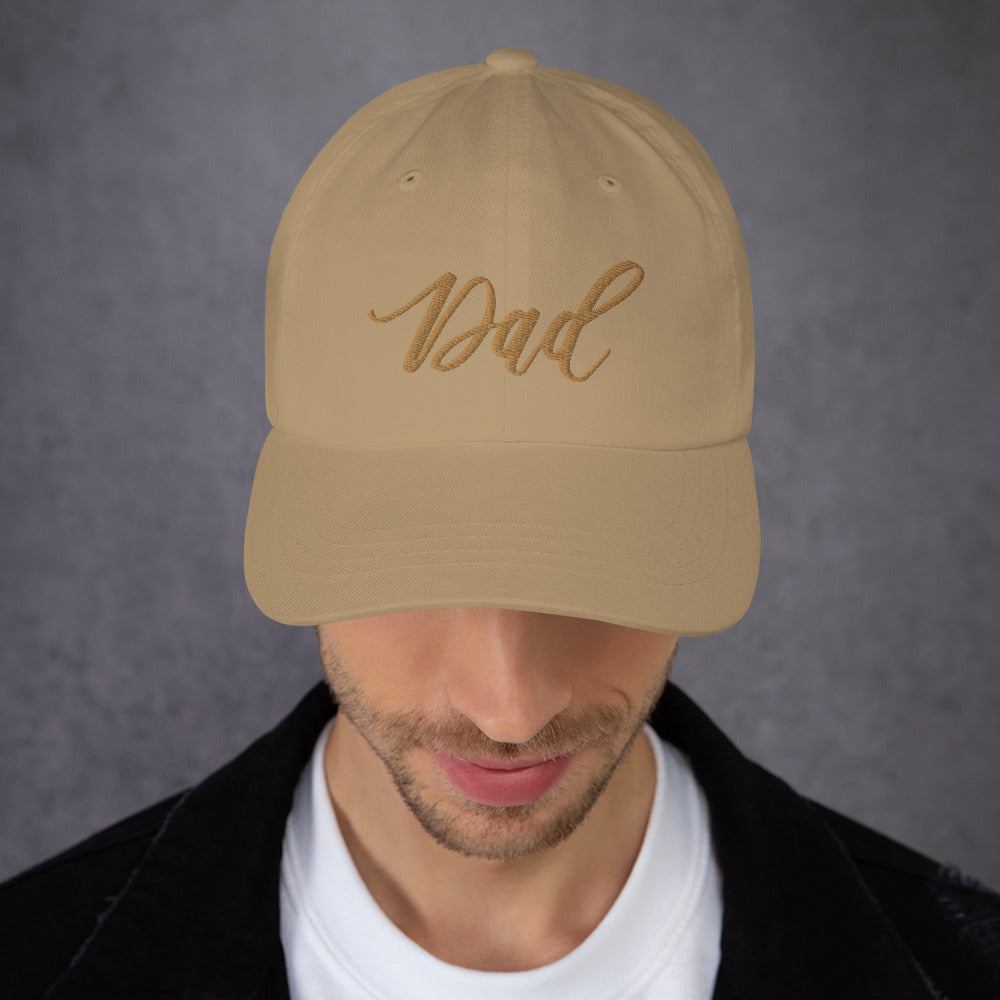 Embroidered Gold Script "Dad" Calligraphy Gold Embroidery on Khaki 100% Cotton Chino Twill Dad Cap