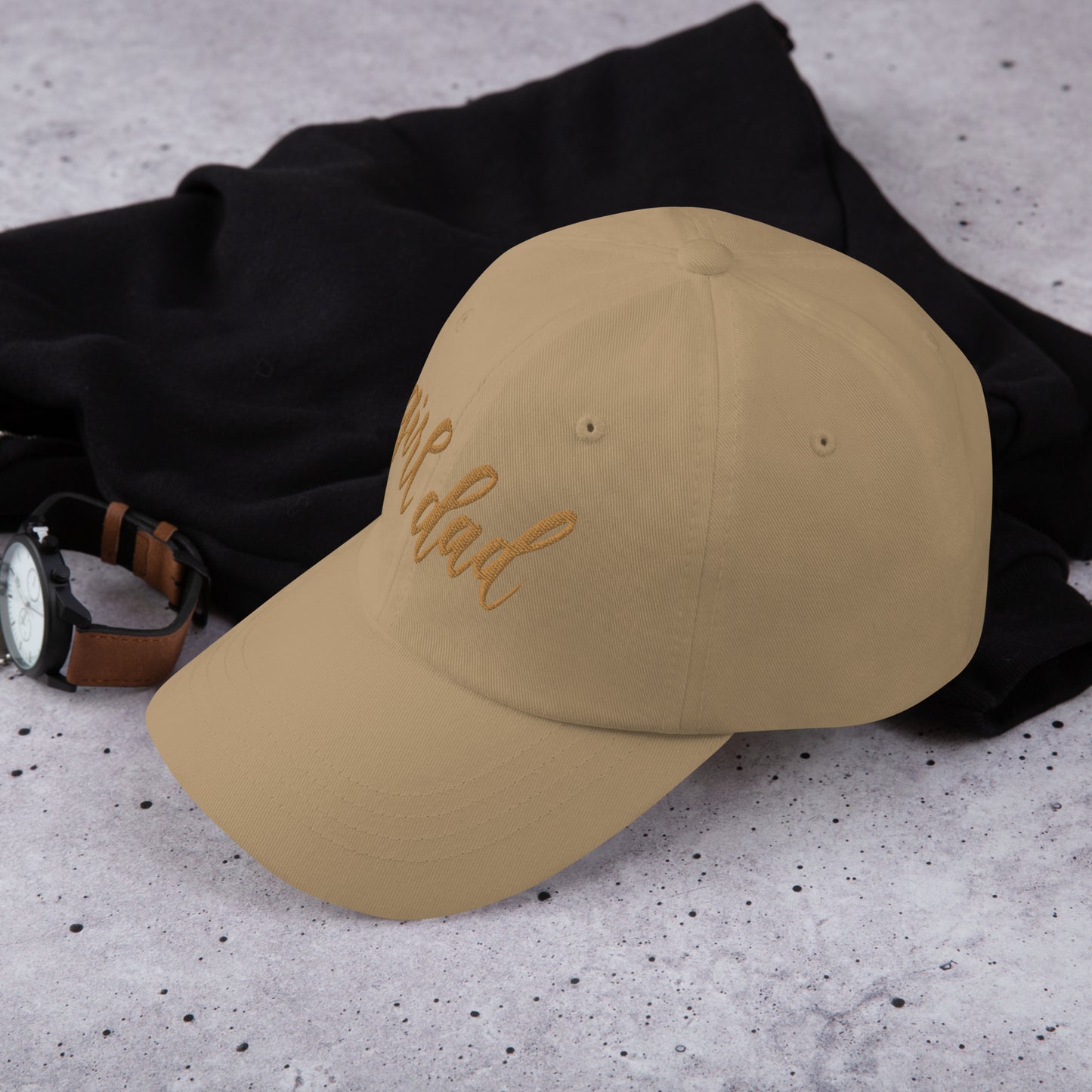 Embroidered Gold Script "Girl Dad" Calligraphy Gold Embroidery on Khaki 100% Cotton Chino Twill Dad Cap