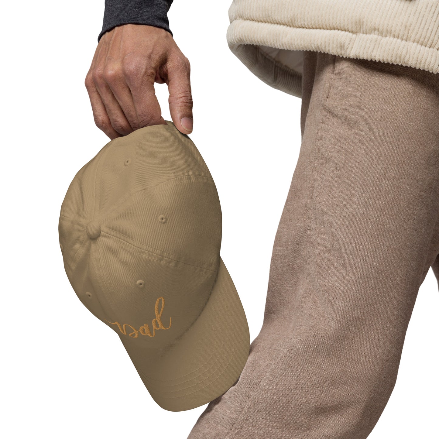 Embroidered Gold Script "Dad" Calligraphy Gold Embroidery on Khaki 100% Cotton Chino Twill Dad Cap