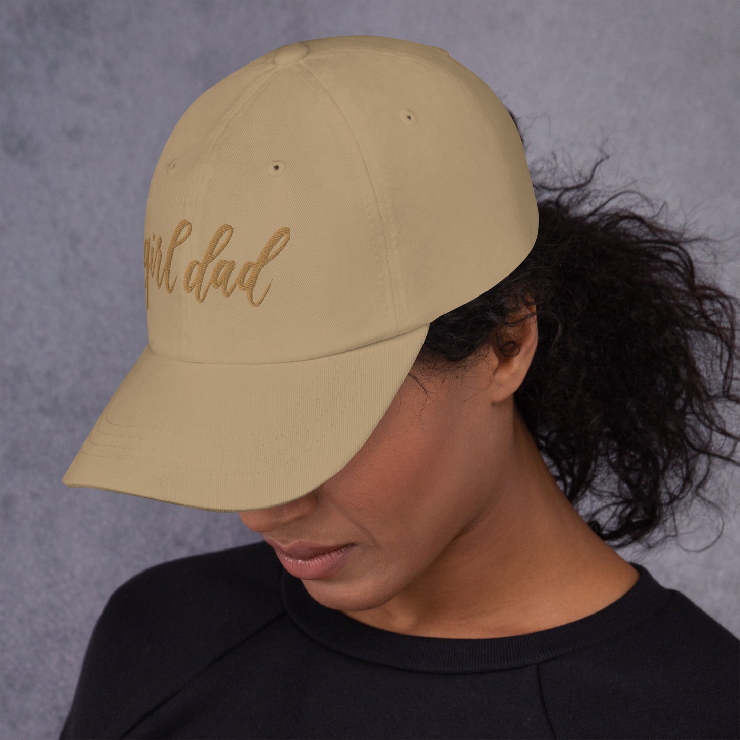 Embroidered Gold Script "Girl Dad" Calligraphy Gold Embroidery on Khaki 100% Cotton Chino Twill Dad Cap