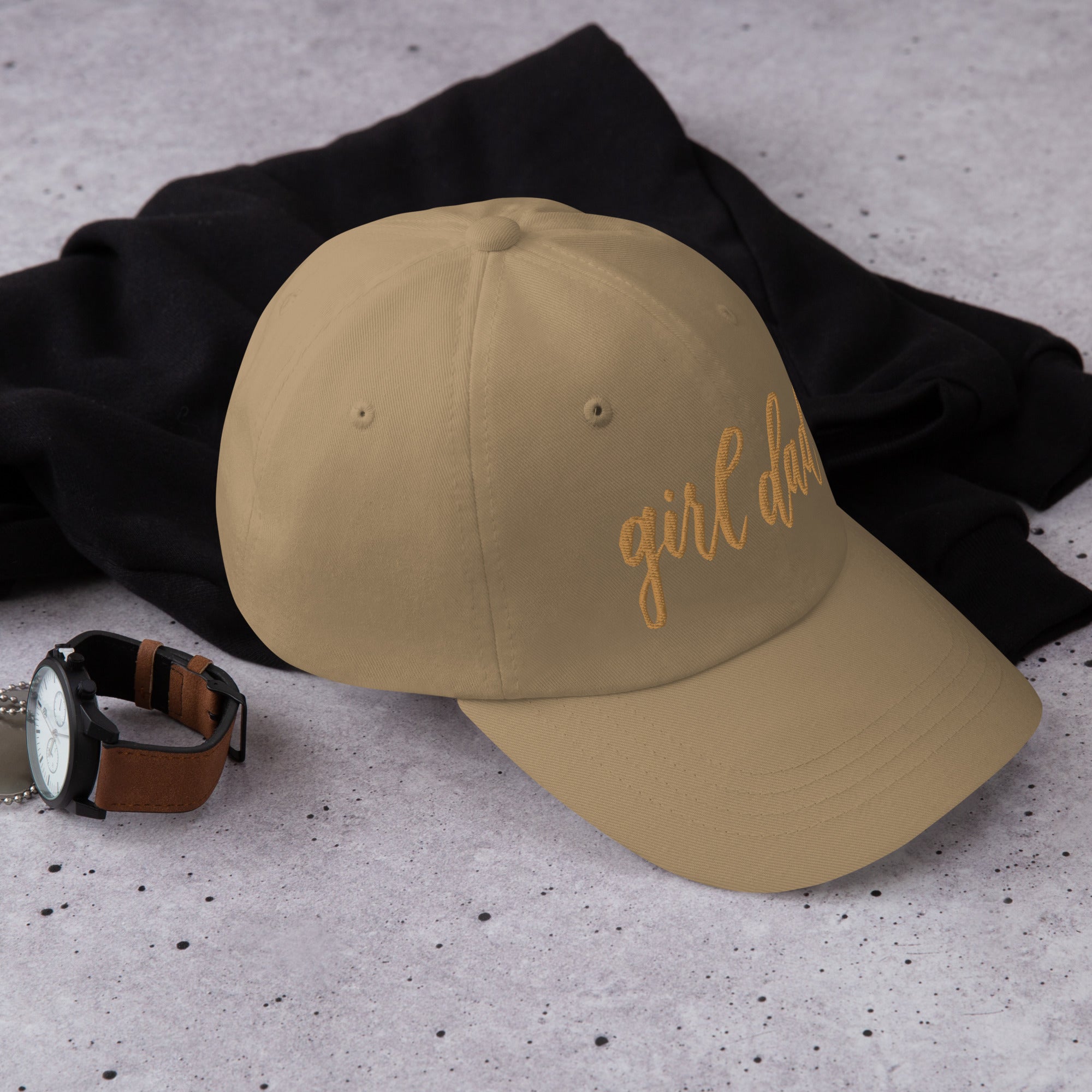 Embroidered Gold Script "Girl Dad" Calligraphy Gold Embroidery on Khaki 100% Cotton Chino Twill Dad Cap