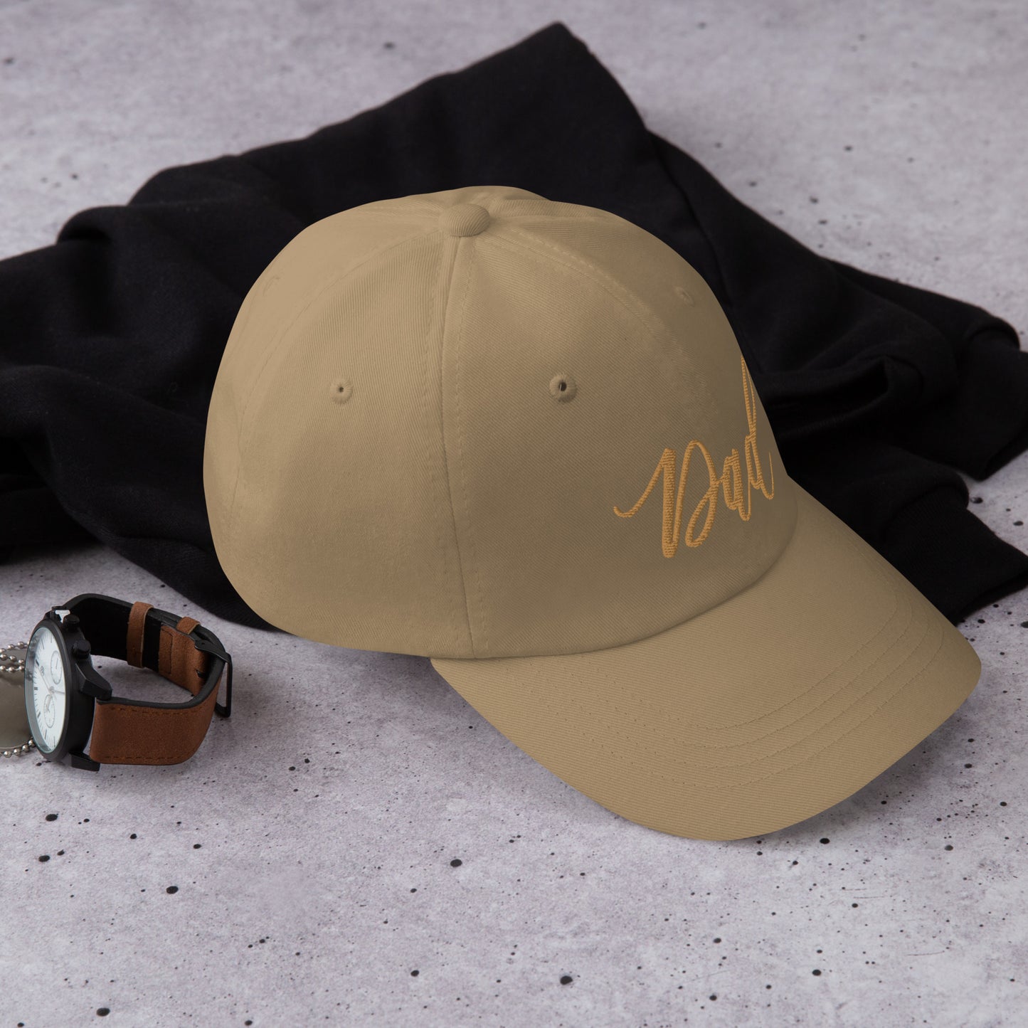 Embroidered Gold Script "Dad" Calligraphy Gold Embroidery on Khaki 100% Cotton Chino Twill Dad Cap