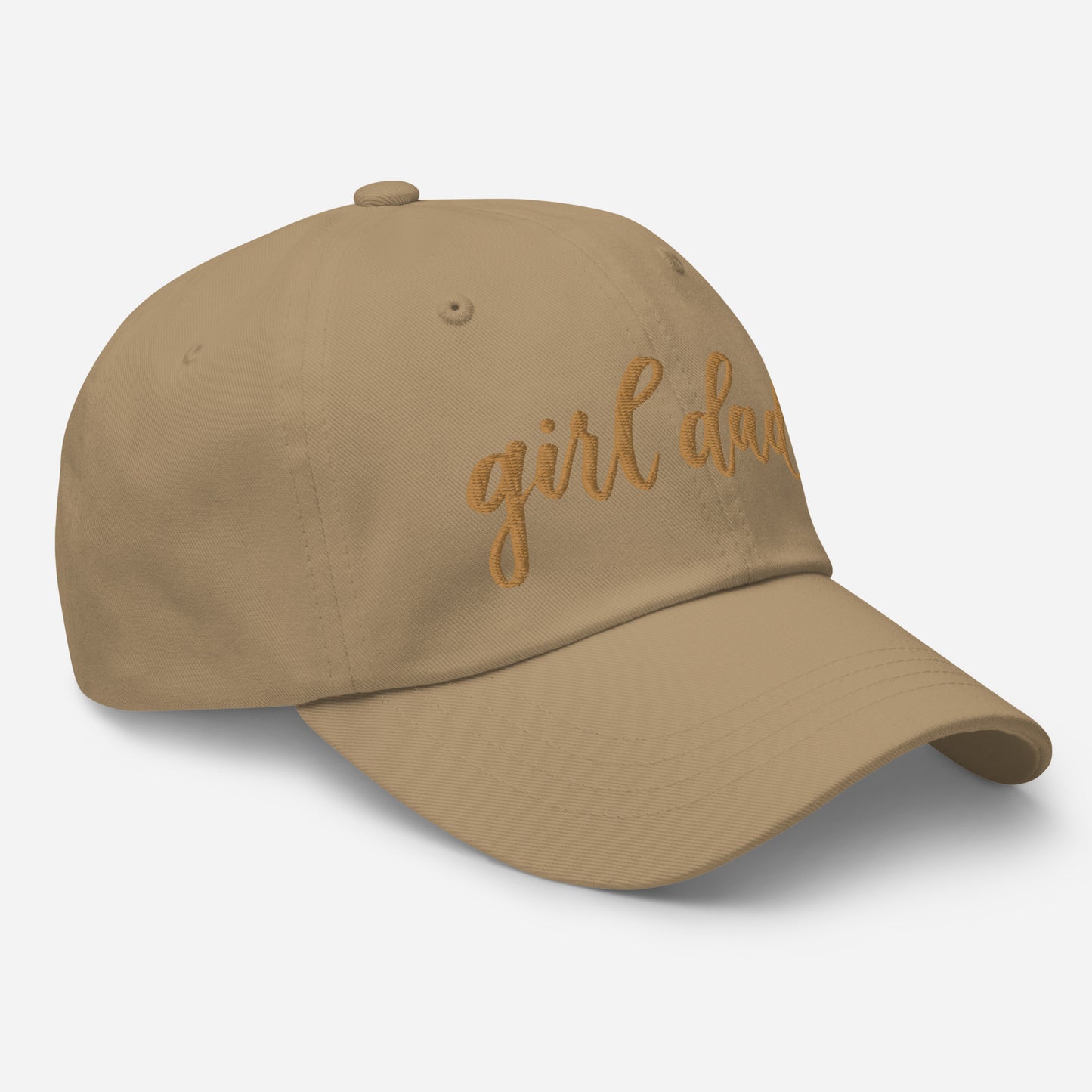 Embroidered Gold Script "Girl Dad" Calligraphy Gold Embroidery on Khaki 100% Cotton Chino Twill Dad Cap