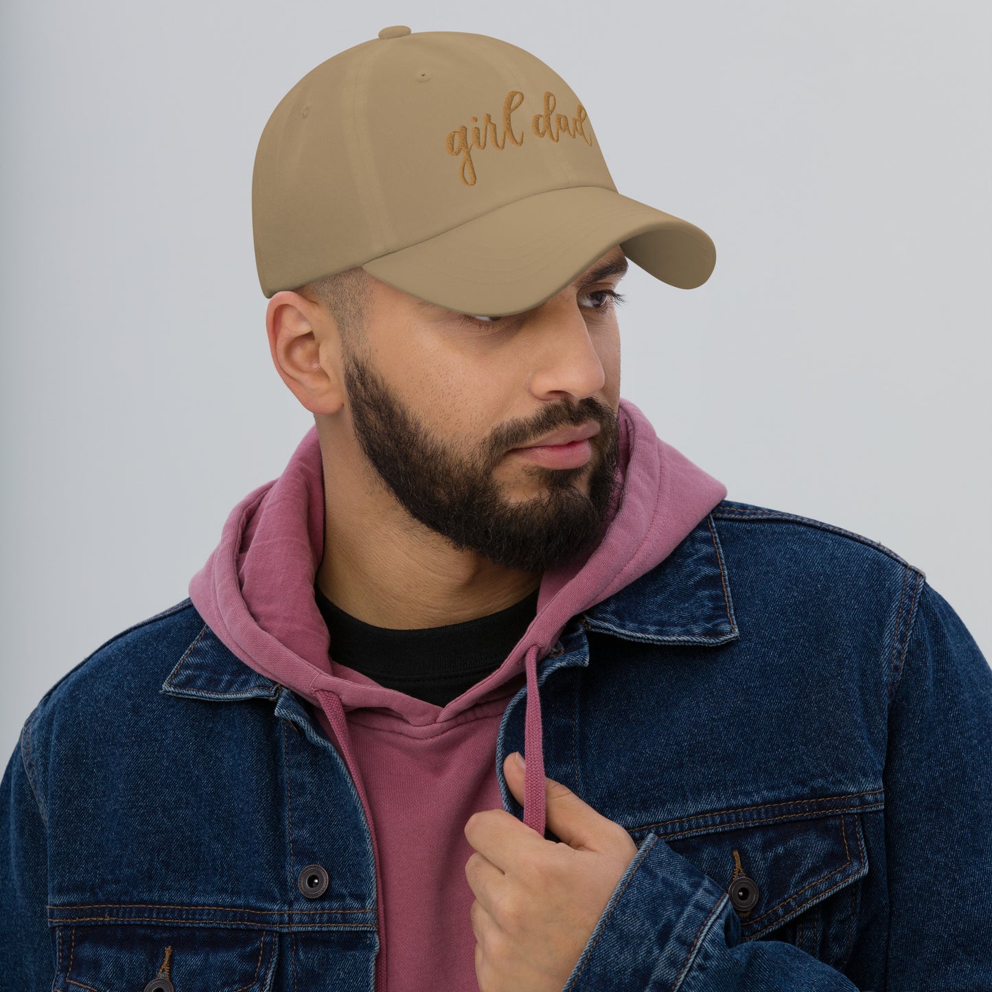 Embroidered Gold Script "Girl Dad" Calligraphy Gold Embroidery on Khaki 100% Cotton Chino Twill Dad Cap