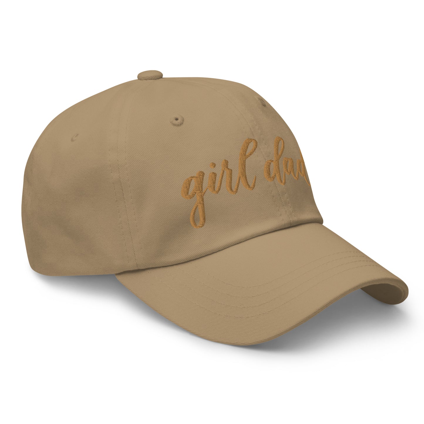 Embroidered Gold Script "Girl Dad" Calligraphy Gold Embroidery on Khaki 100% Cotton Chino Twill Dad Cap