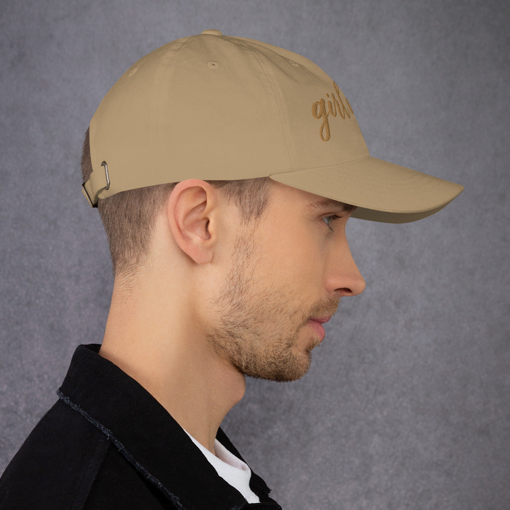 Embroidered Gold Script "Girl Dad" Calligraphy Gold Embroidery on Khaki 100% Cotton Chino Twill Dad Cap