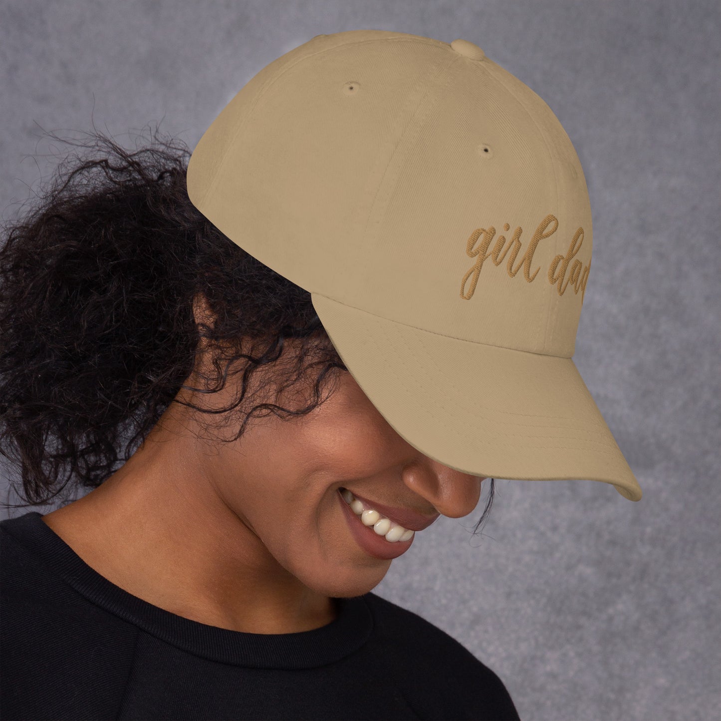 Embroidered Gold Script "Girl Dad" Calligraphy Gold Embroidery on Khaki 100% Cotton Chino Twill Dad Cap