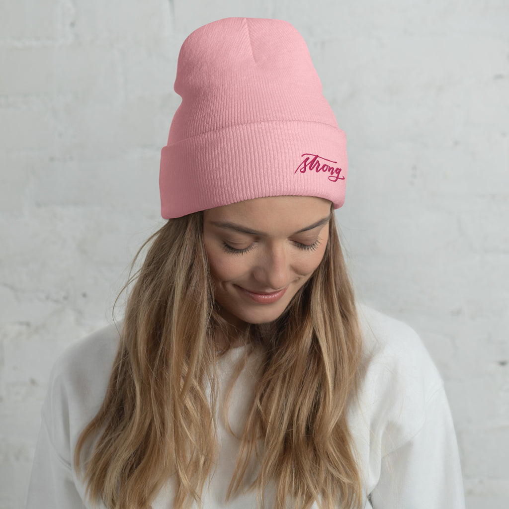 Embroidered Pink Script "Strong" Calligraphy on Pink or White Cuffed Beanie