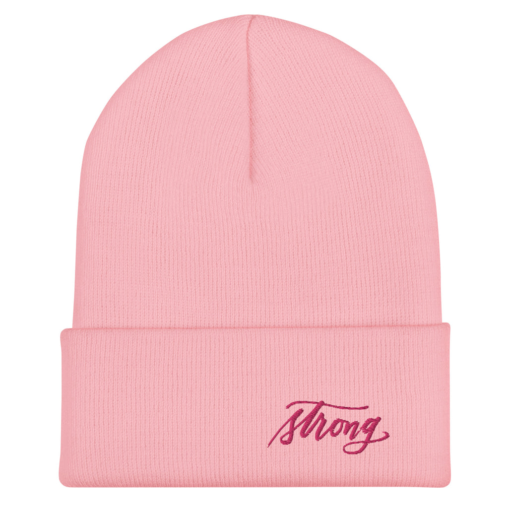Embroidered Pink Script "Strong" Calligraphy on Pink or White Cuffed Beanie