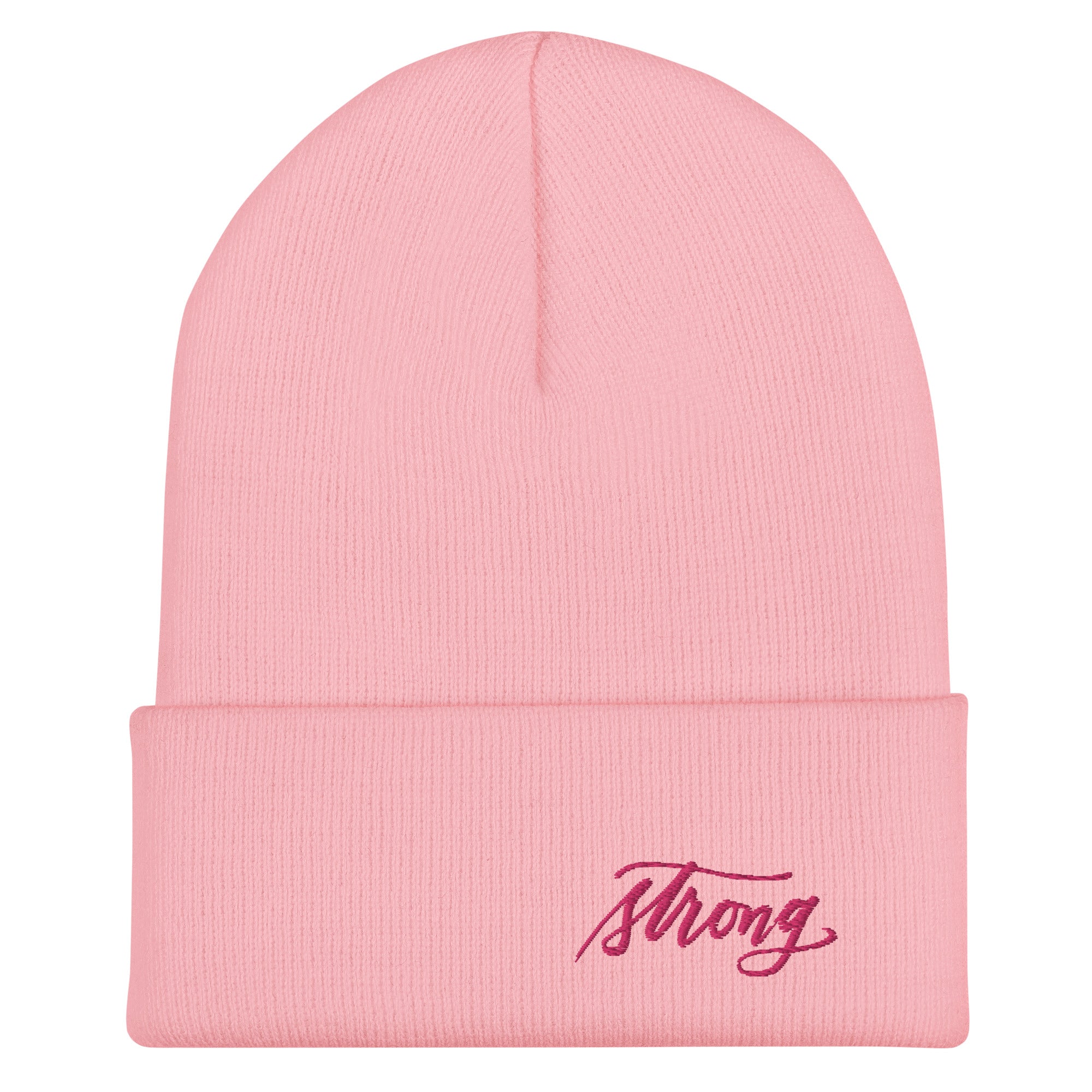 Embroidered Pink Script "Strong" Calligraphy on Pink or White Cuffed Beanie