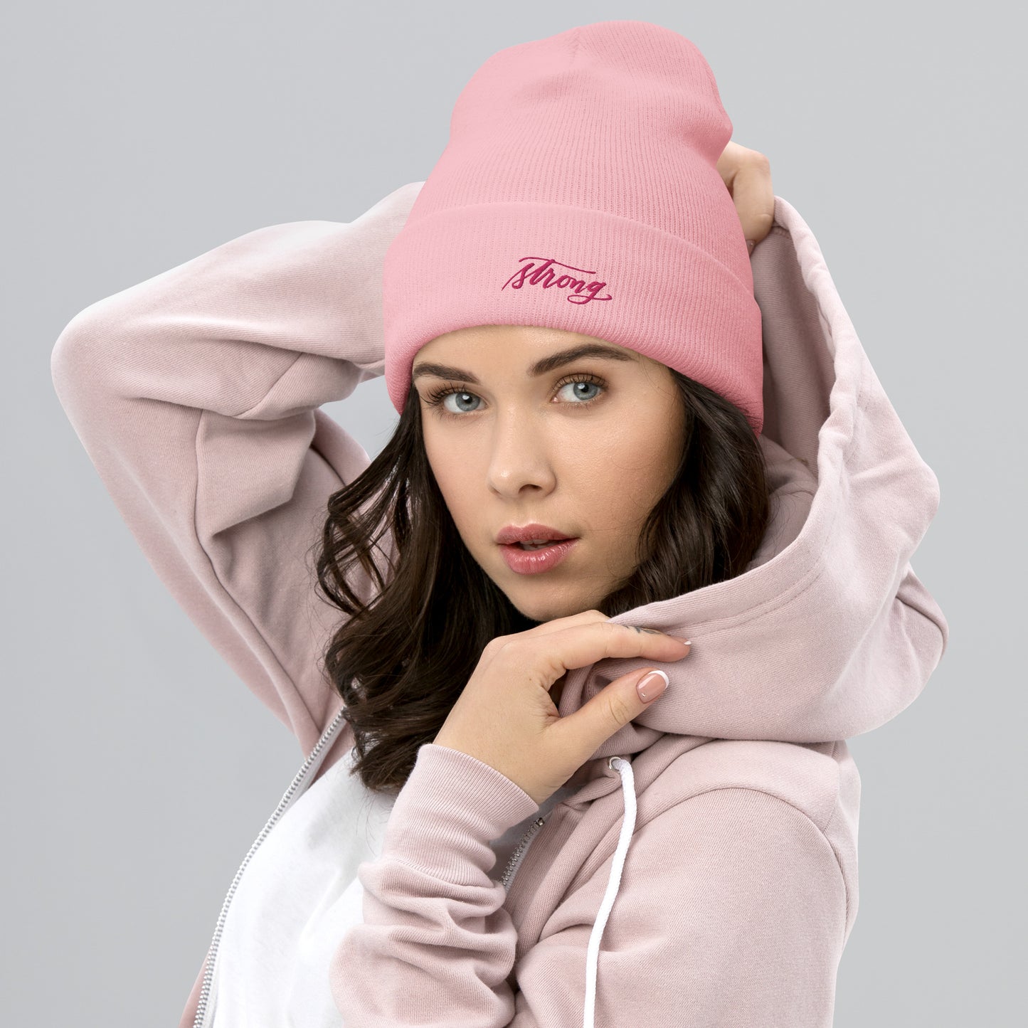 Embroidered Pink Script "Strong" Calligraphy on Pink or White Cuffed Beanie