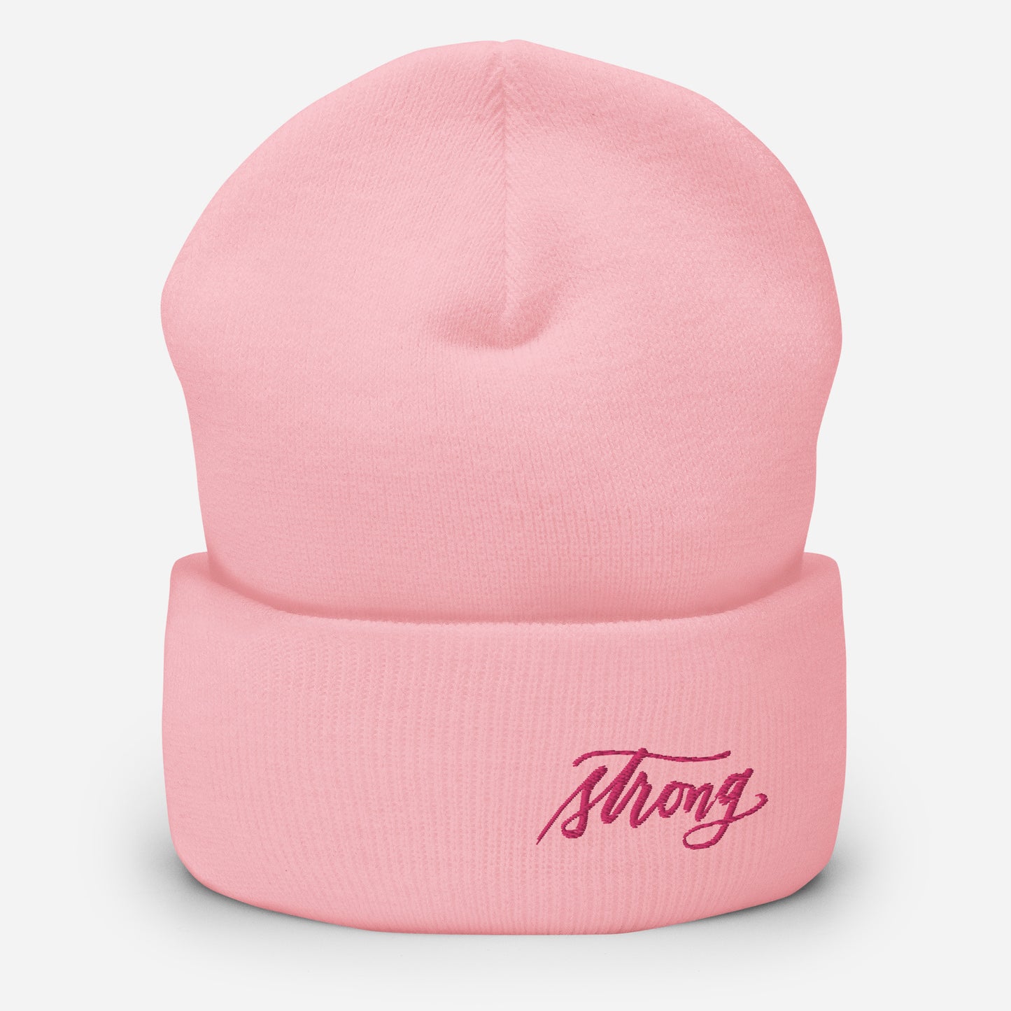 Embroidered Pink Script "Strong" Calligraphy on Pink or White Cuffed Beanie